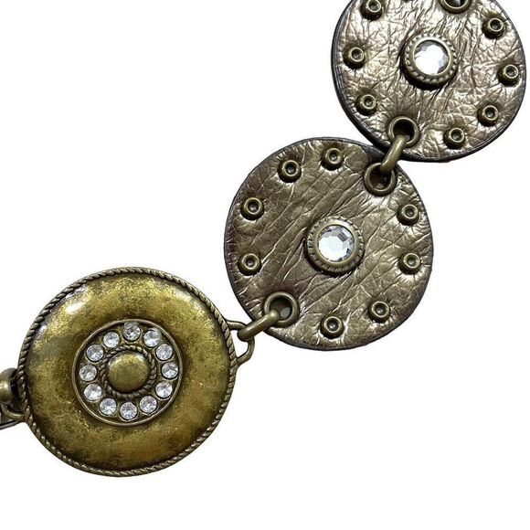 Leather metal‎ round medallion concho belt studded tooled rhinestones brass tone - Picture 7 of 8